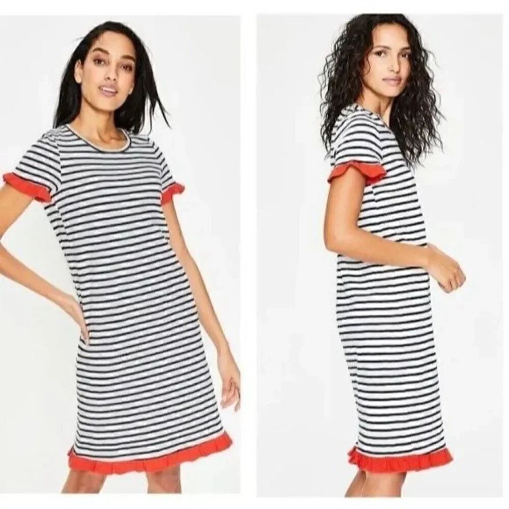 Boden EMILY Black White Stripe T-Shirt Dress Orange Ruffle Sz 4R Preppy